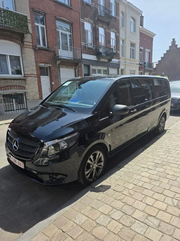 Black Mercedes van parked in Brussels before a transfer to Zaventem